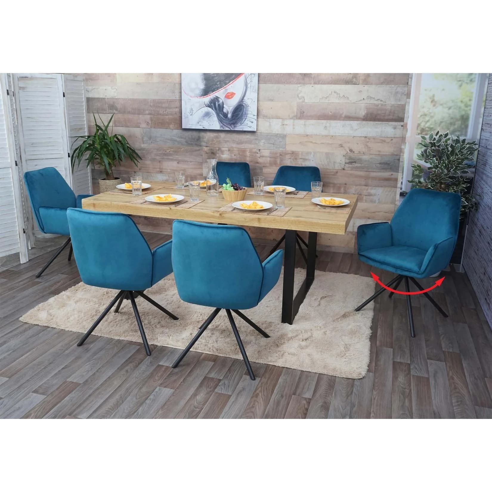 MCW 6er-Set Esszimmerstuhl MCW-G67 Samt türkis-blau mit Armlehne