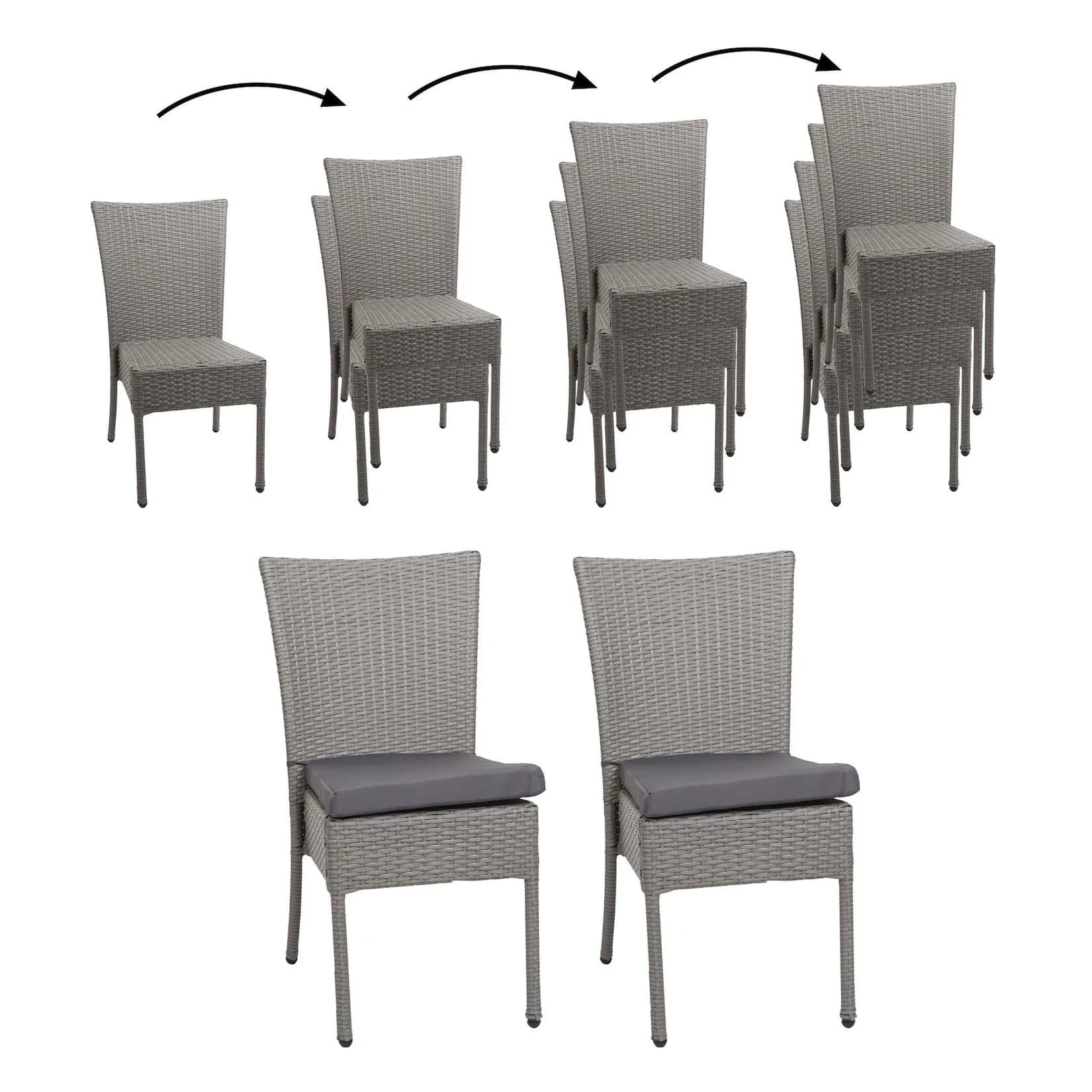 MCW 2er-Set Poly-Rattan Stuhl Grau Stapelbar mit Kissen