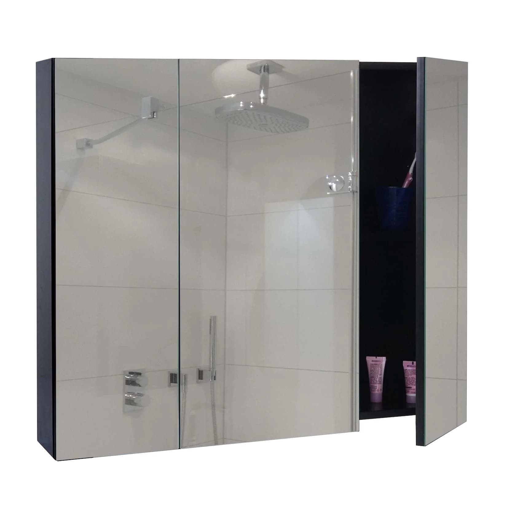 MCW Spiegelschrank B19b Hochglanz Schwarz 6 Regalböden Soft-Close