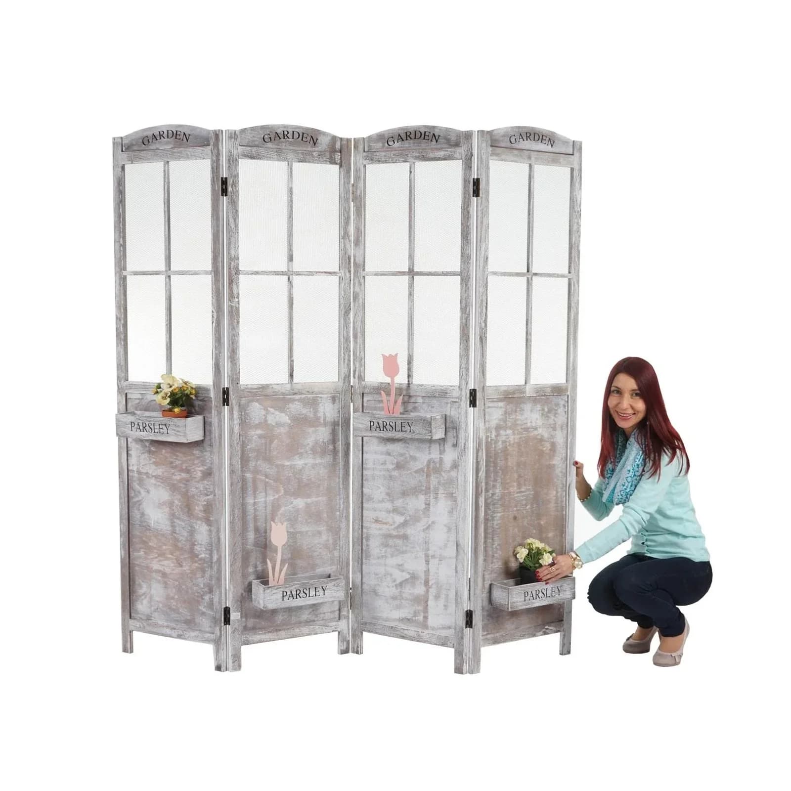 Paravent MCW-M66 Raumteiler Sichtschutz Pflanzkörbe 4 Paneele Shabby-Look