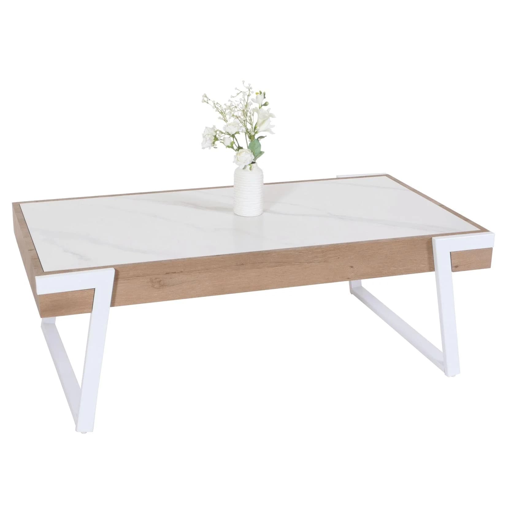 MCW Couchtisch MWC-L89 Sinterstein Marmor-Optik Weiß Holz Natur