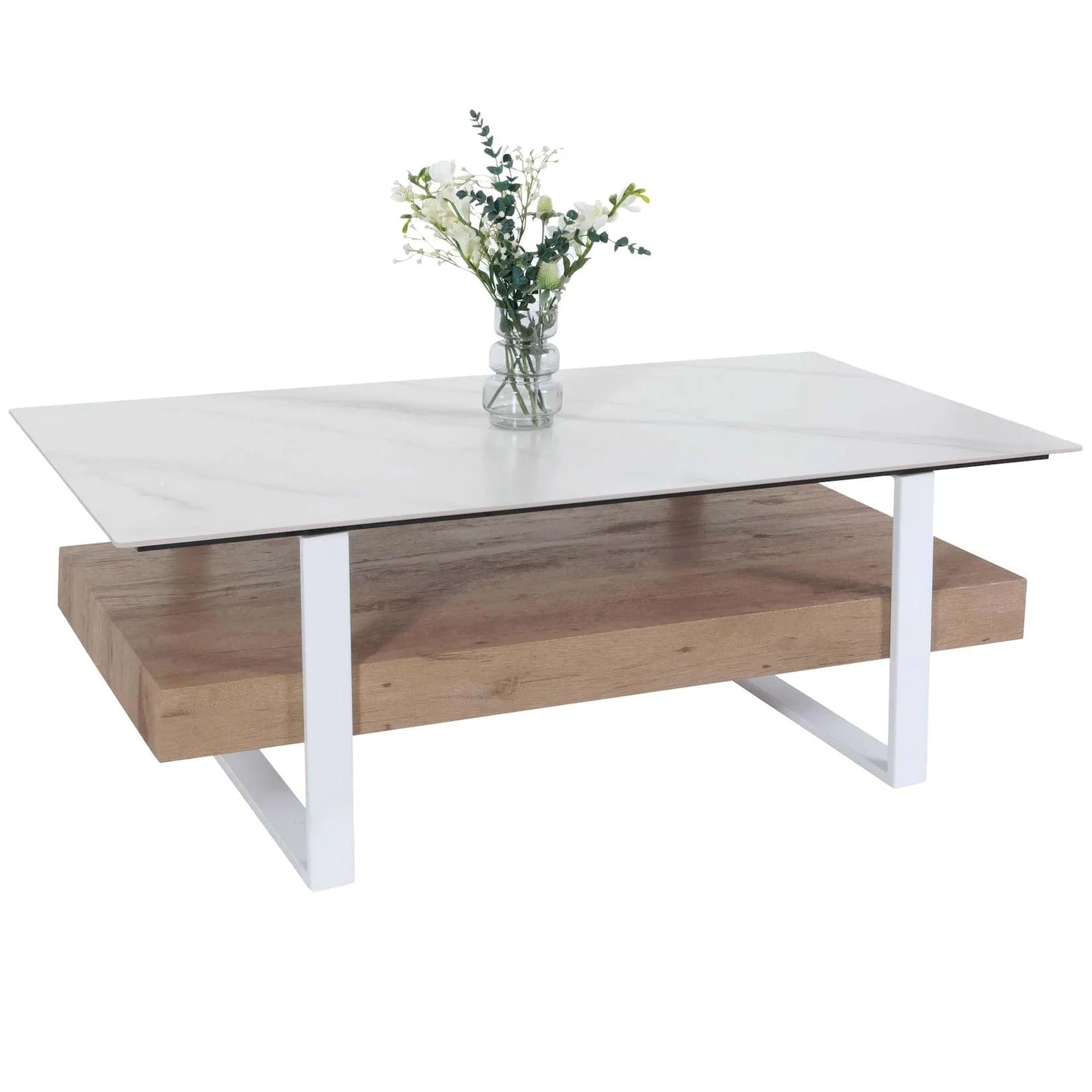 MCW Couchtisch MCW-L88 Sinterstein Marmor-Optik Weiß Holz