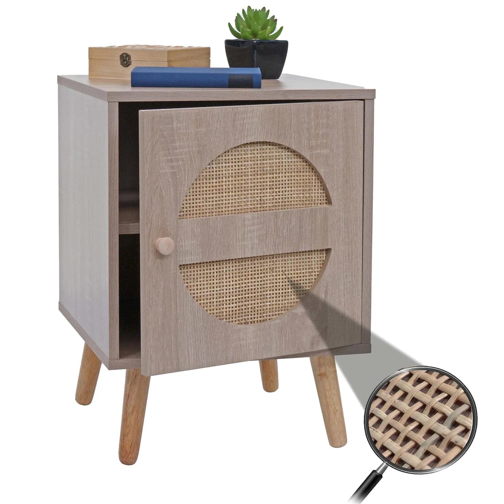 MCW Nachttisch MCW-M35 mit Kubu Rattan Tür Eiche-Optik
