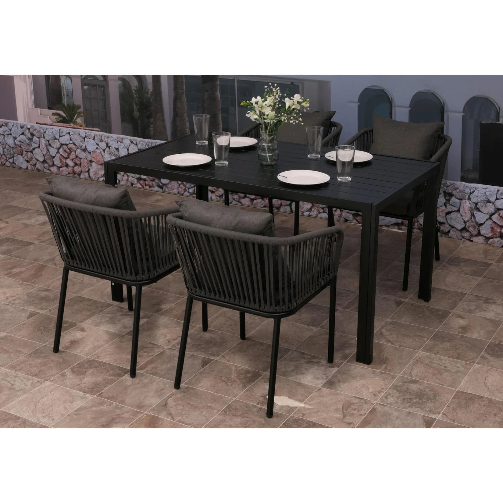 Gartengarnitur MCW-N41 Tisch+4xStuhl wetterfest Alu Seilgeflecht anthrazit Kissen dunkelgrau