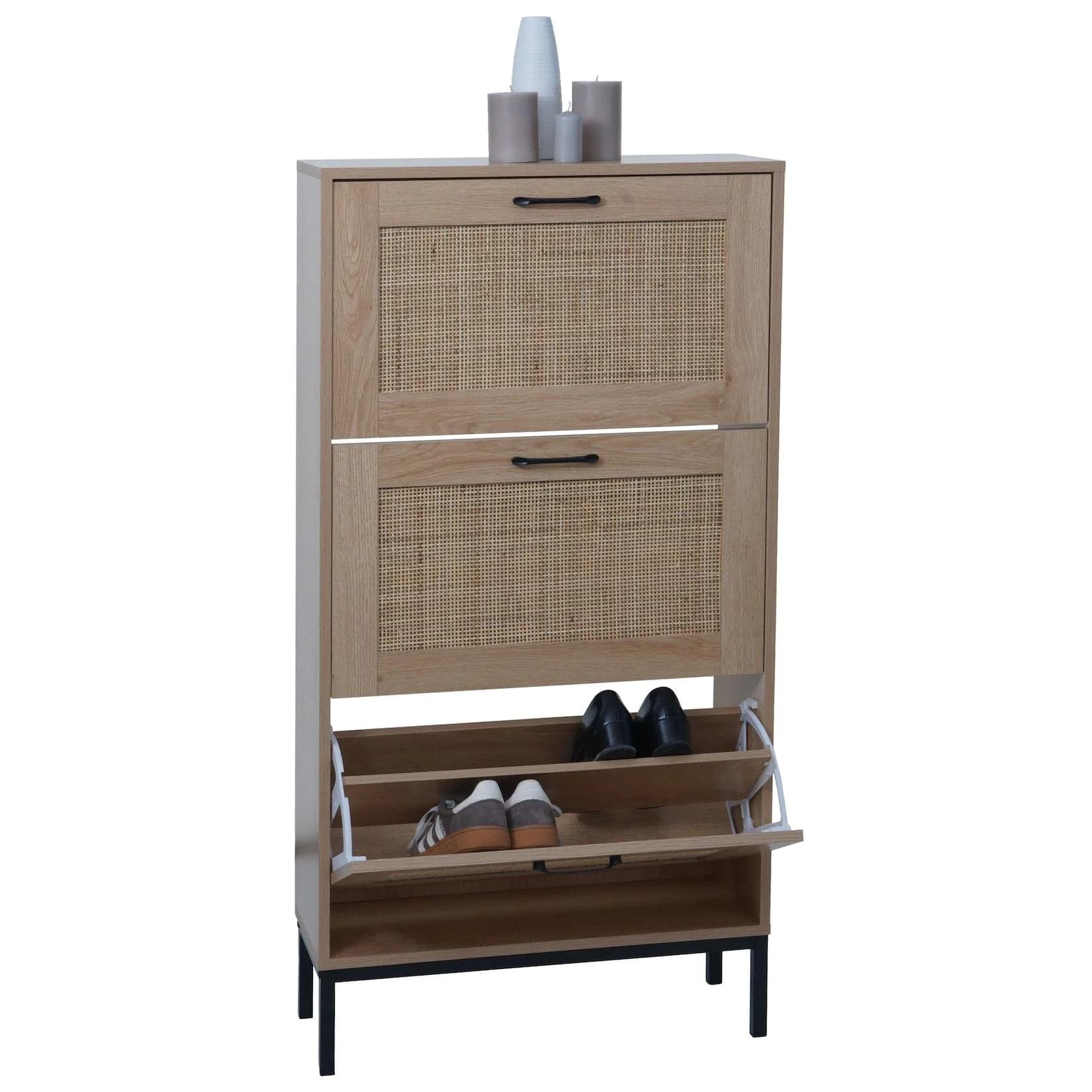 MCW Schuhschrank 3 Fächer Rattanfront Eiche-Optik