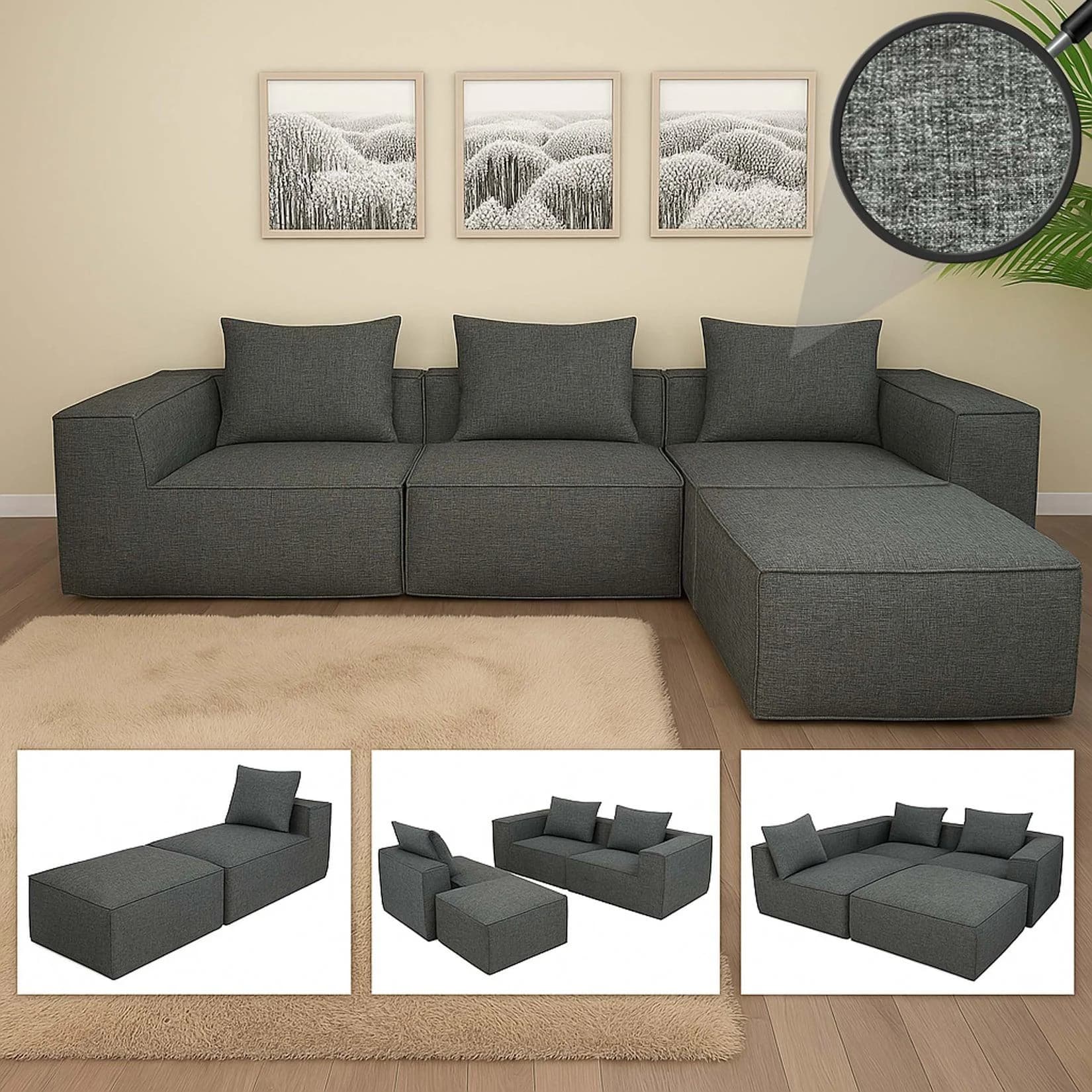 MCW Wohnlandschaft O54 L-Sofa Grau Modular mit Ottomane