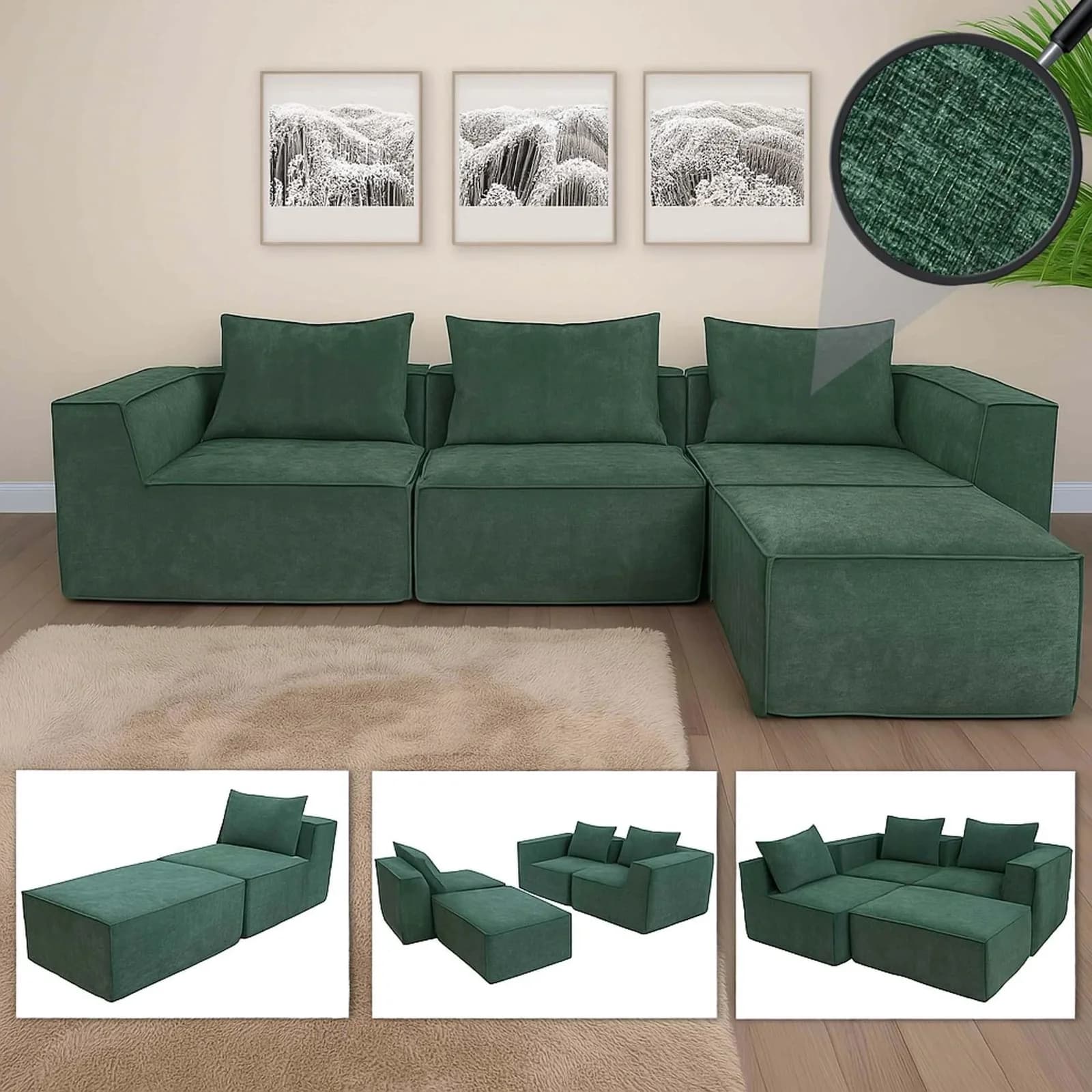 L-Sofa MCW-O54 Lounge-Couch mit Ottomane Grün Modular