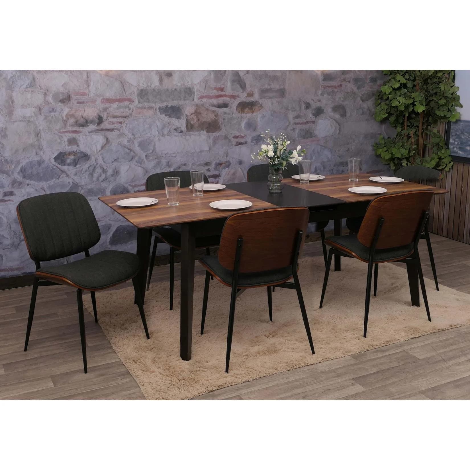 6er-Set Esszimmerstuhl MCW-O44 Bugholz Stoff Walnuss-Optik Dunkelgrau