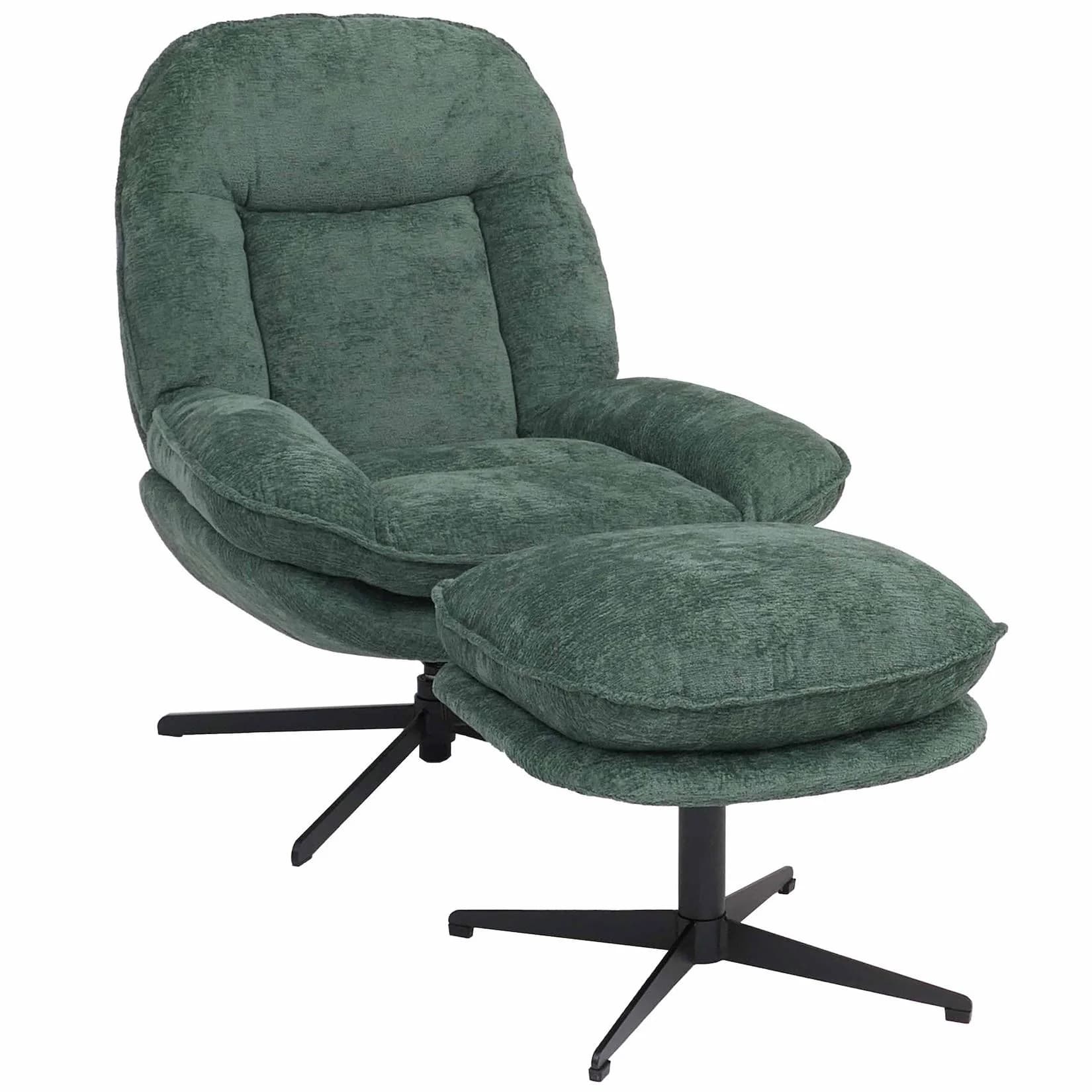 Relaxsessel MCW-P32 mit Hocker, Fernsehsessel Nosagfederung, grün