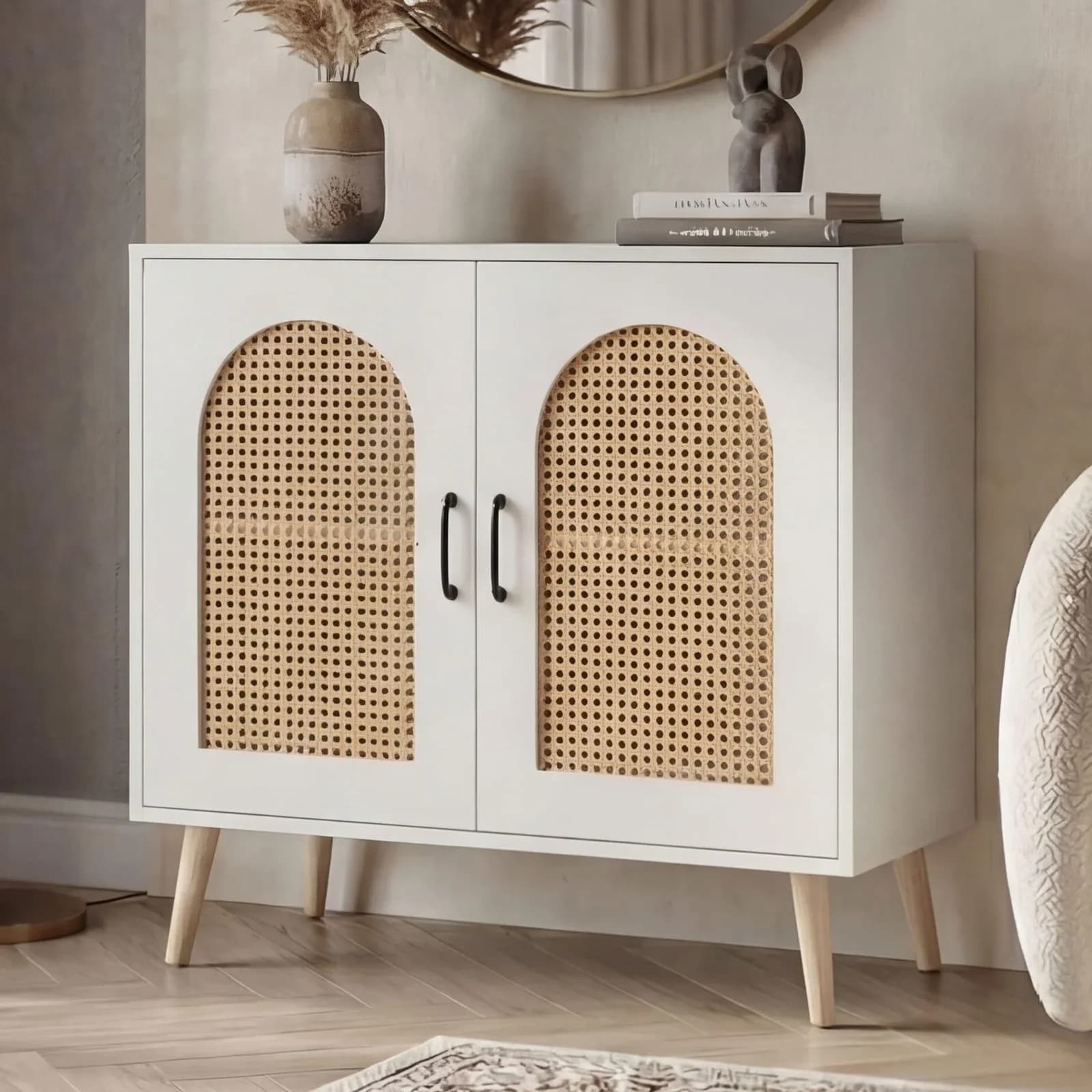 Kommode MCW-P51 Schrank mit Türen Anrichte Staufächer Poly-Rattan MDF Melamin