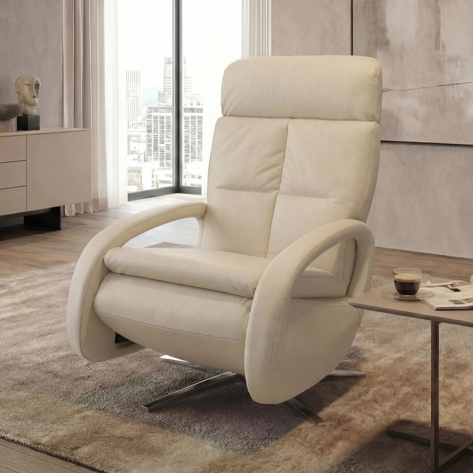 Relaxsessel MCW-L11 TV-Sessel Liegesessel Voll-Leder Creme-Weiß