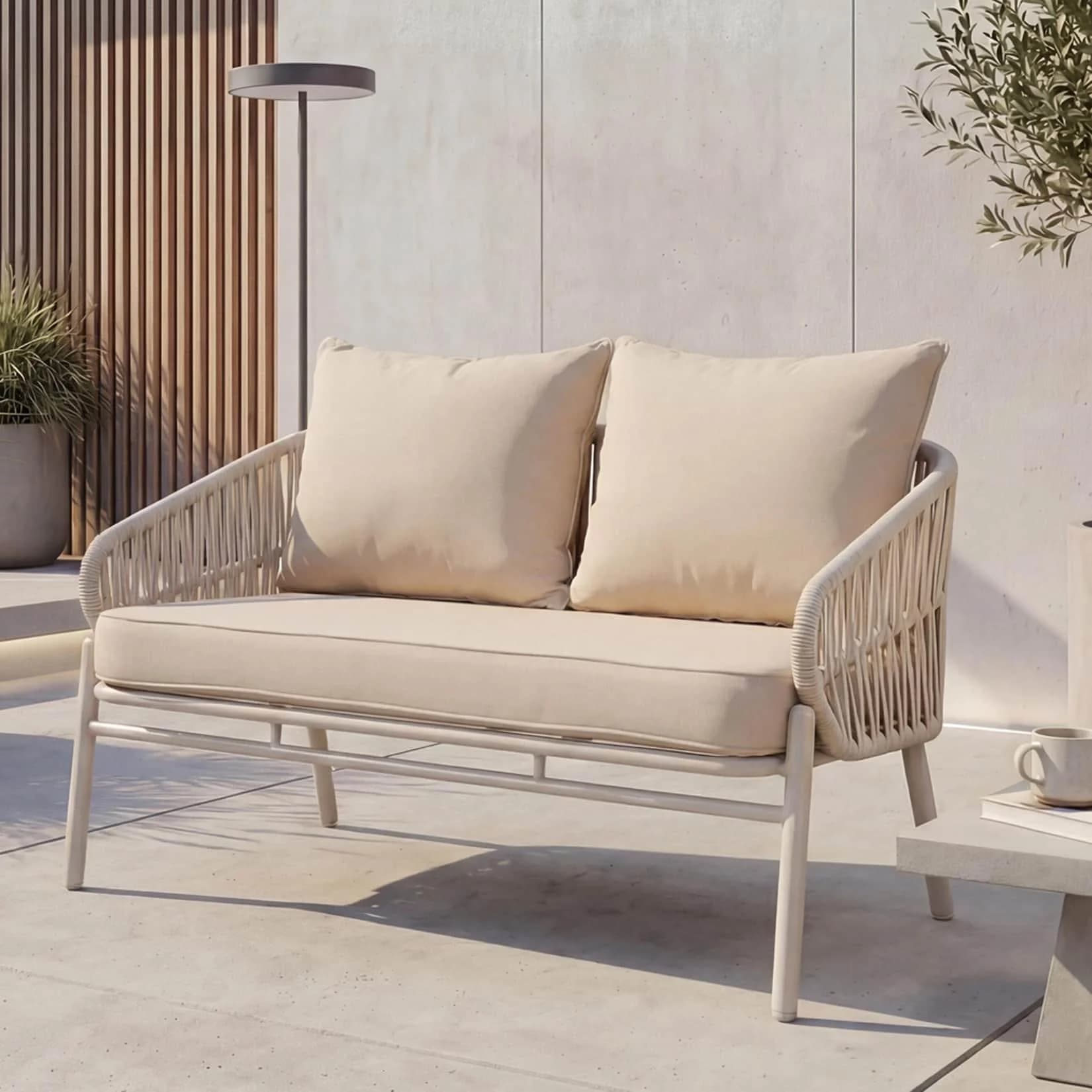 Aluminium Gartenbank MCW-P90 Outdoor Seilgeflecht Creme