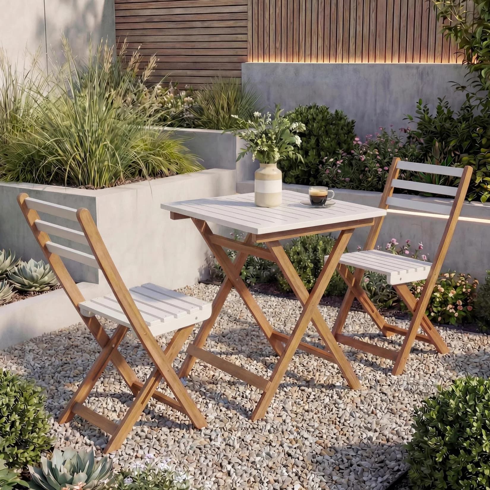 Garnitur MCW-P71, Sitzgruppe Lounge-Set Garten 2x Stuhl Tisch, Akazie Holz klappbar Natur-Weiß