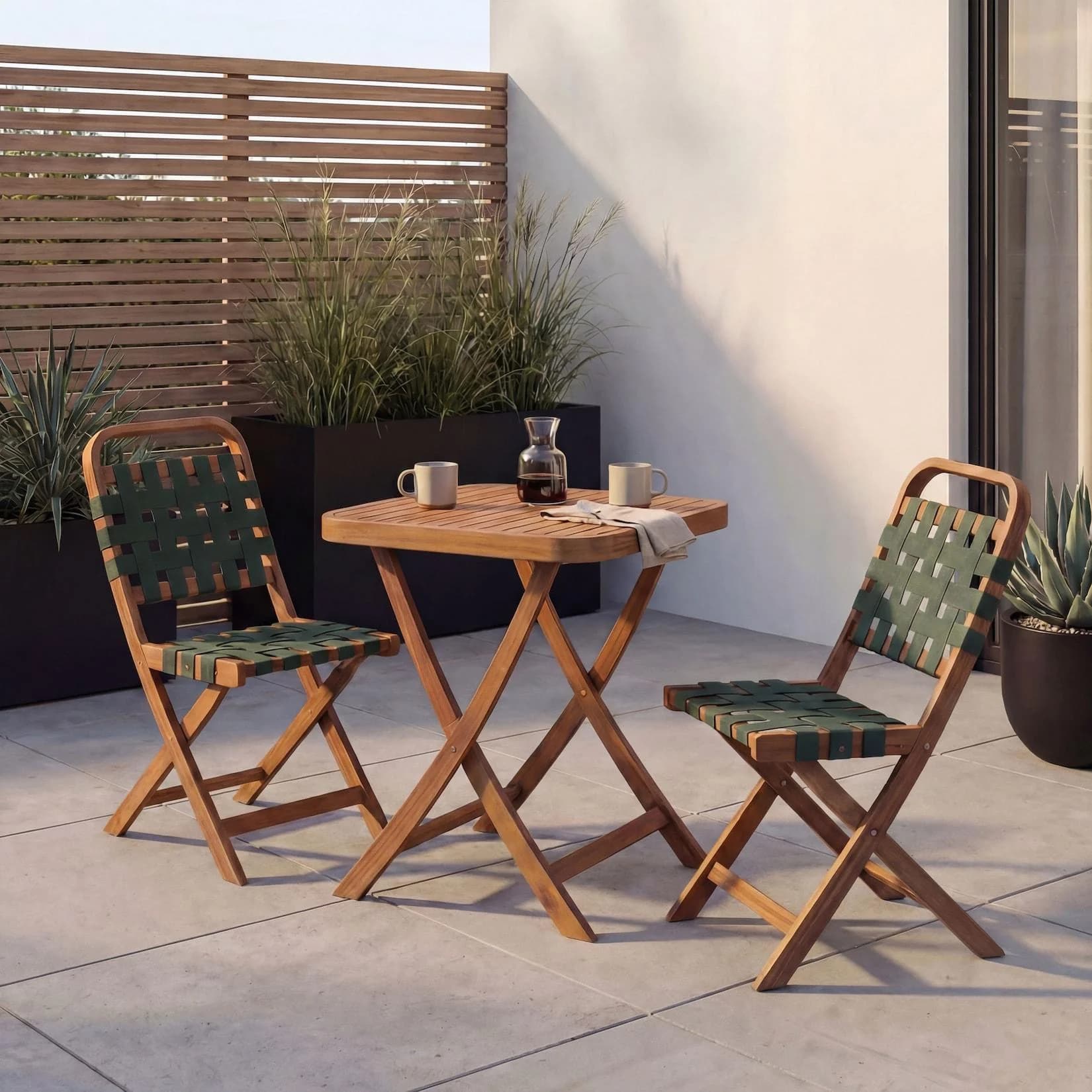 Garten-Set MCW-P70 Sitzgruppe Balkon-Set Garnitur 2x Stuhl Tisch Seilgeflecht Akazie Holz