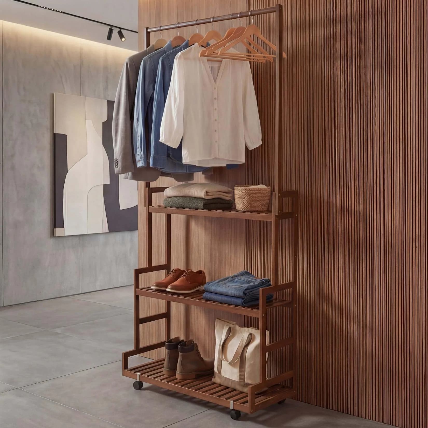 MCW Bambus Standgarderobe mit 3 Ablagen und Rollen, Braun