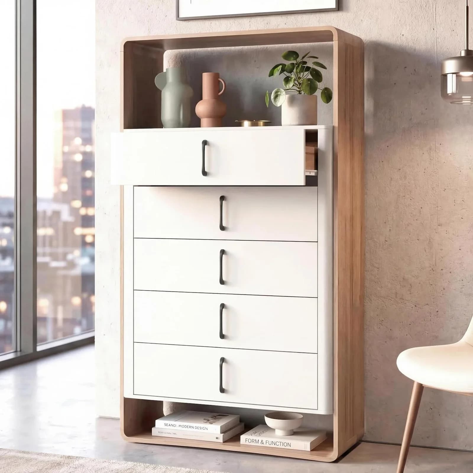 MCW Highboard 5 Schubladen Wotan-Eiche-Optik Weiß