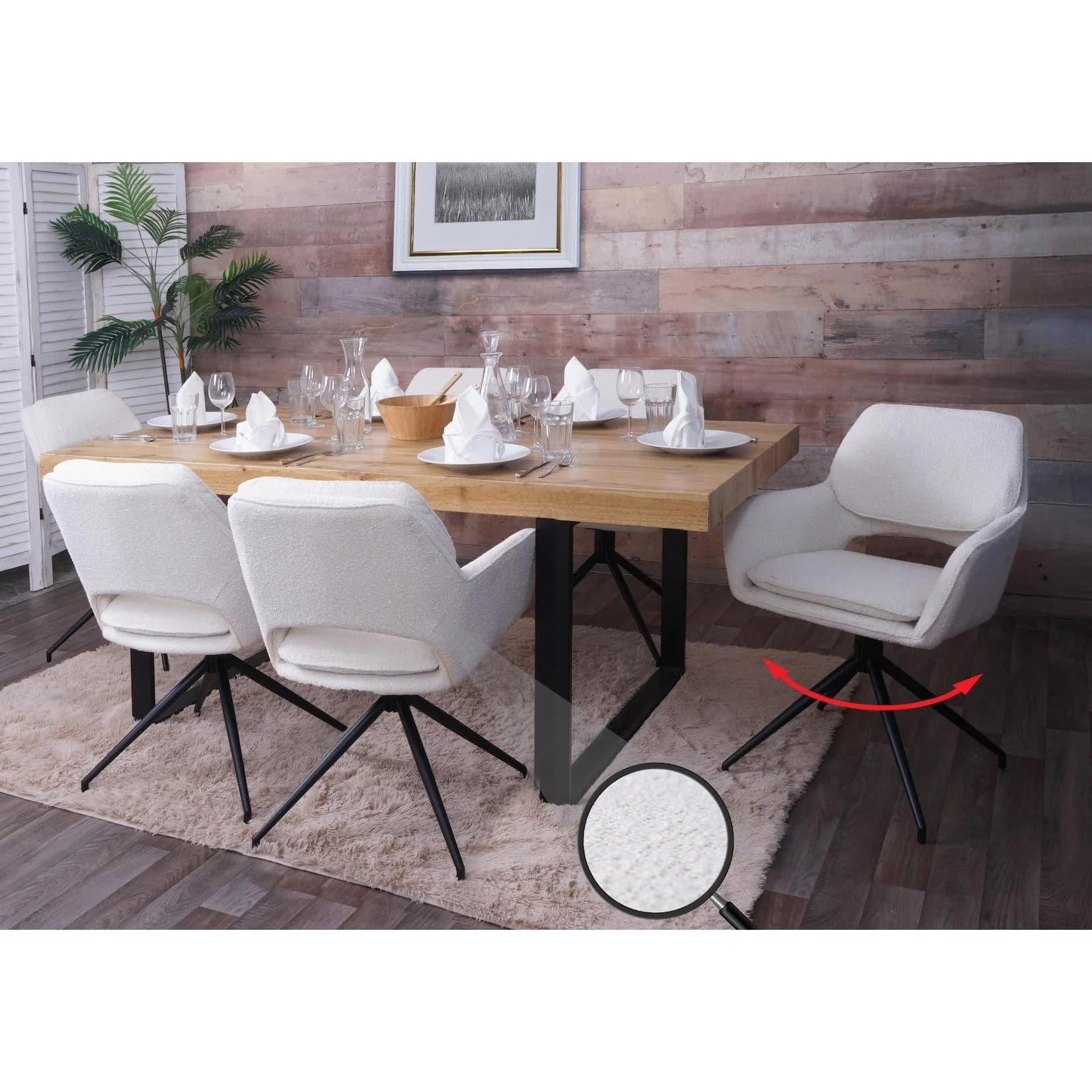 MCW 6er-Set Esszimmerstuhl MCW-N74, drehbar, Bouclé-Stoff, creme