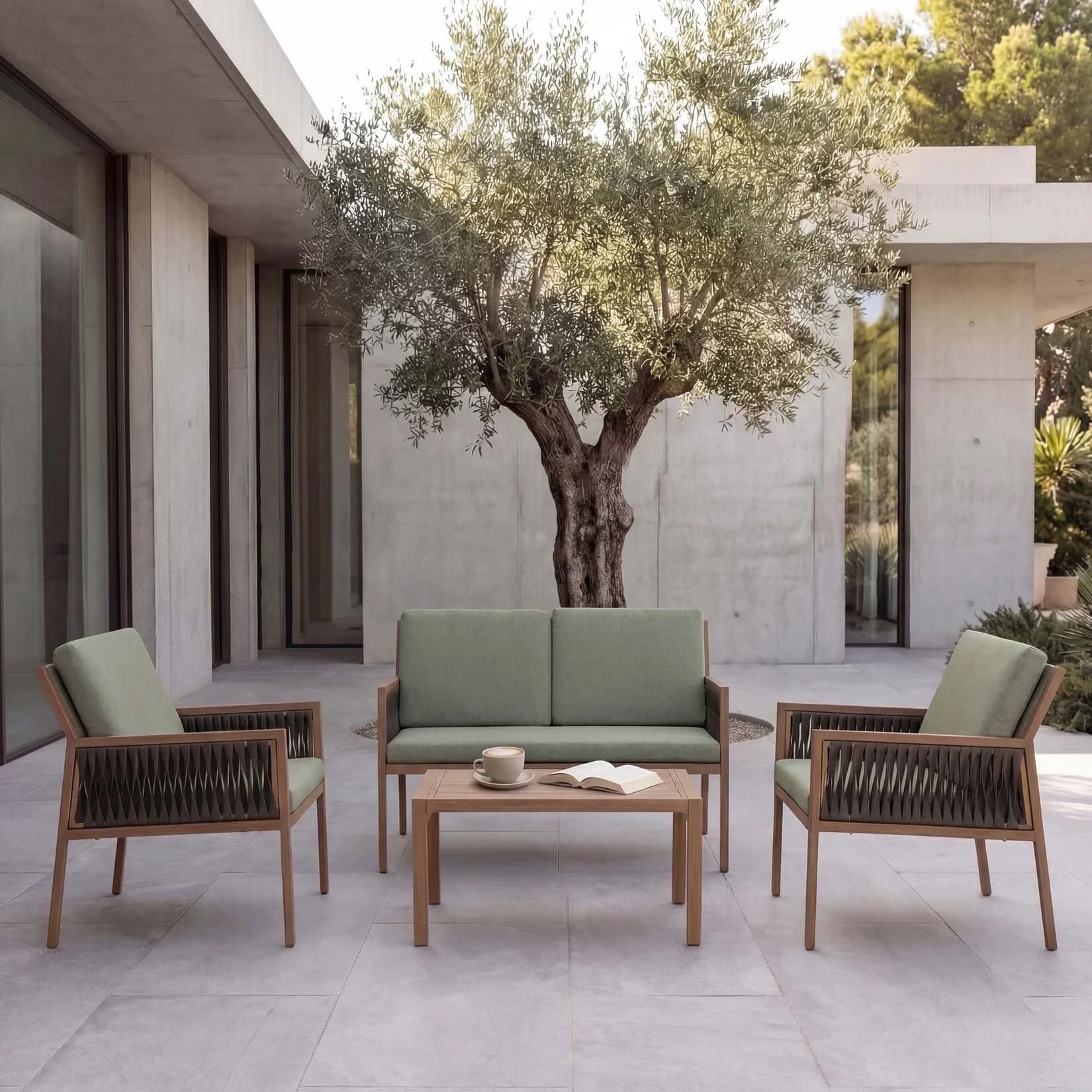Garten-Garnitur MCW-Q12 Grün Polyrattan Olefin