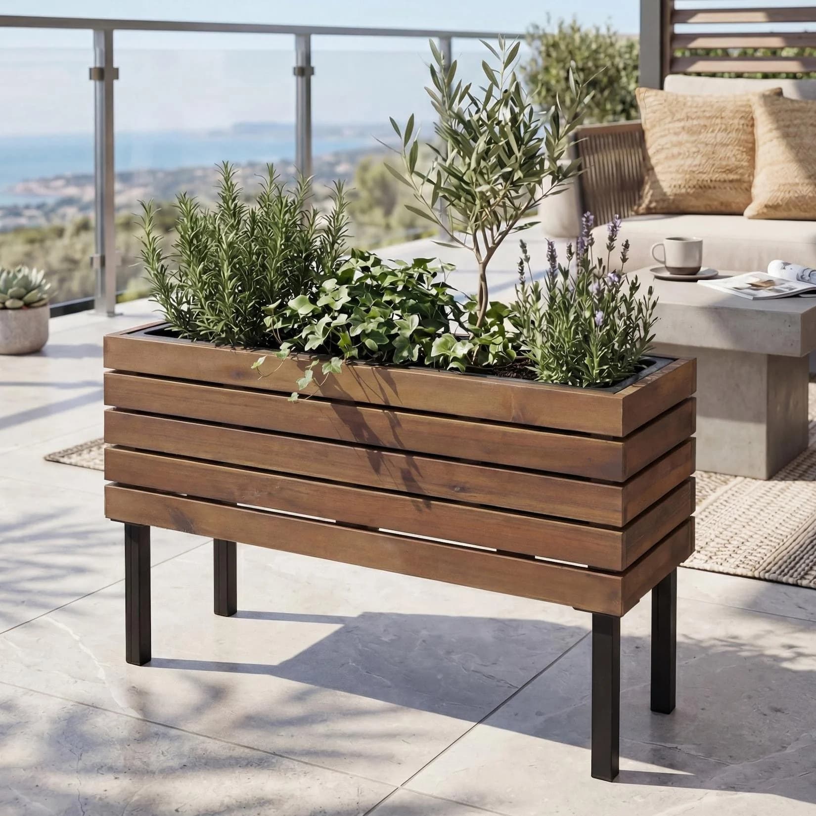 MCW Pflanzkasten Outdoor Stahl Akazie 62 cm braun MVG-zertifiziert