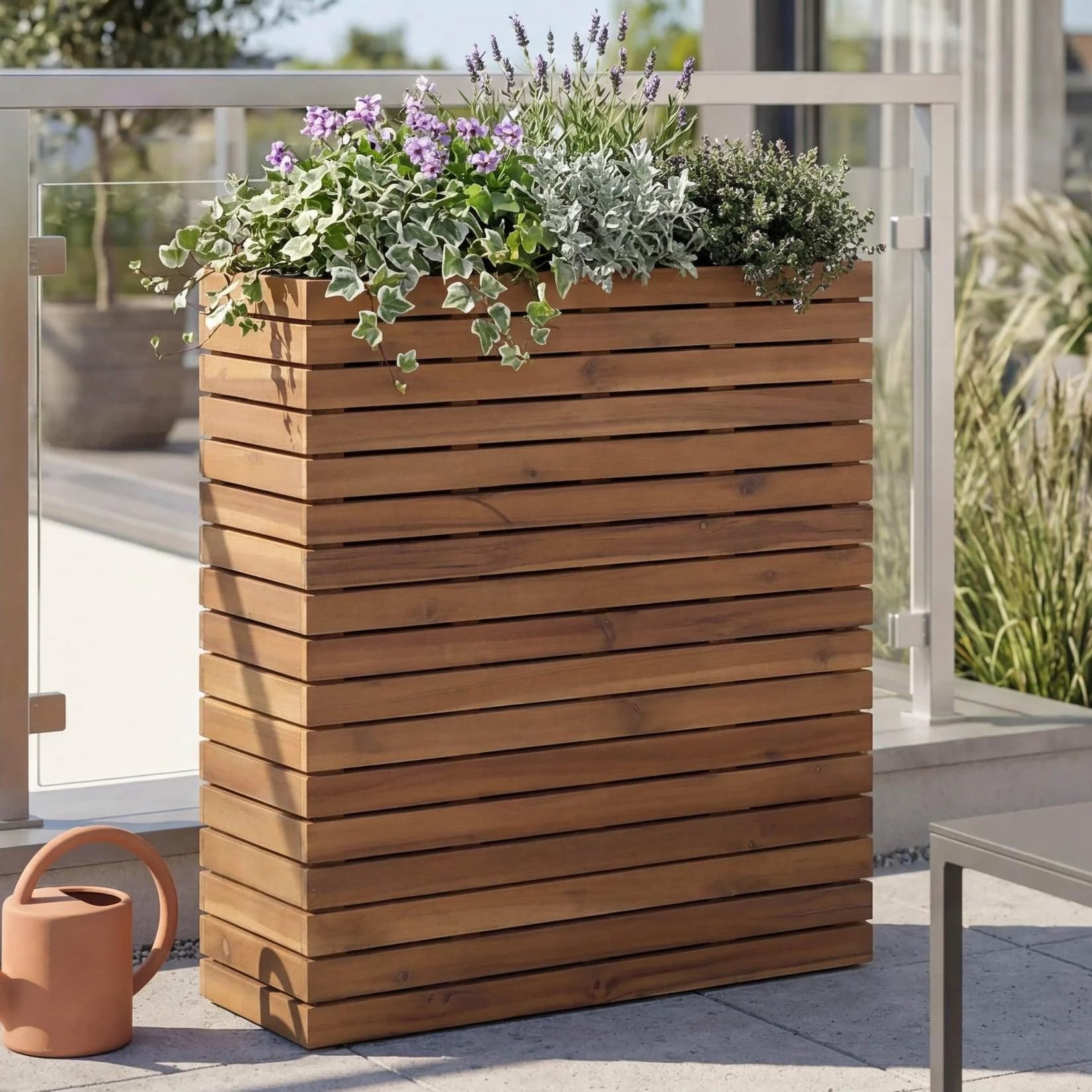 MCW Blumenkasten MCW-L21-gr Braun Akazienholz mit Fußbodenschoner