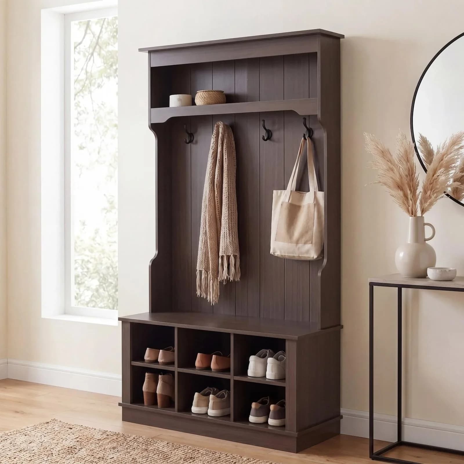 MCW Garderobe mit Sitzbank und 4 Haken Walnuss-Optik
