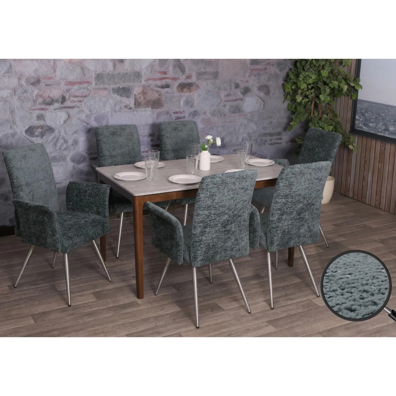 MCW 6er-Set Esszimmerstuhl mit Armlehne Edelstahl Chenille blau-grün