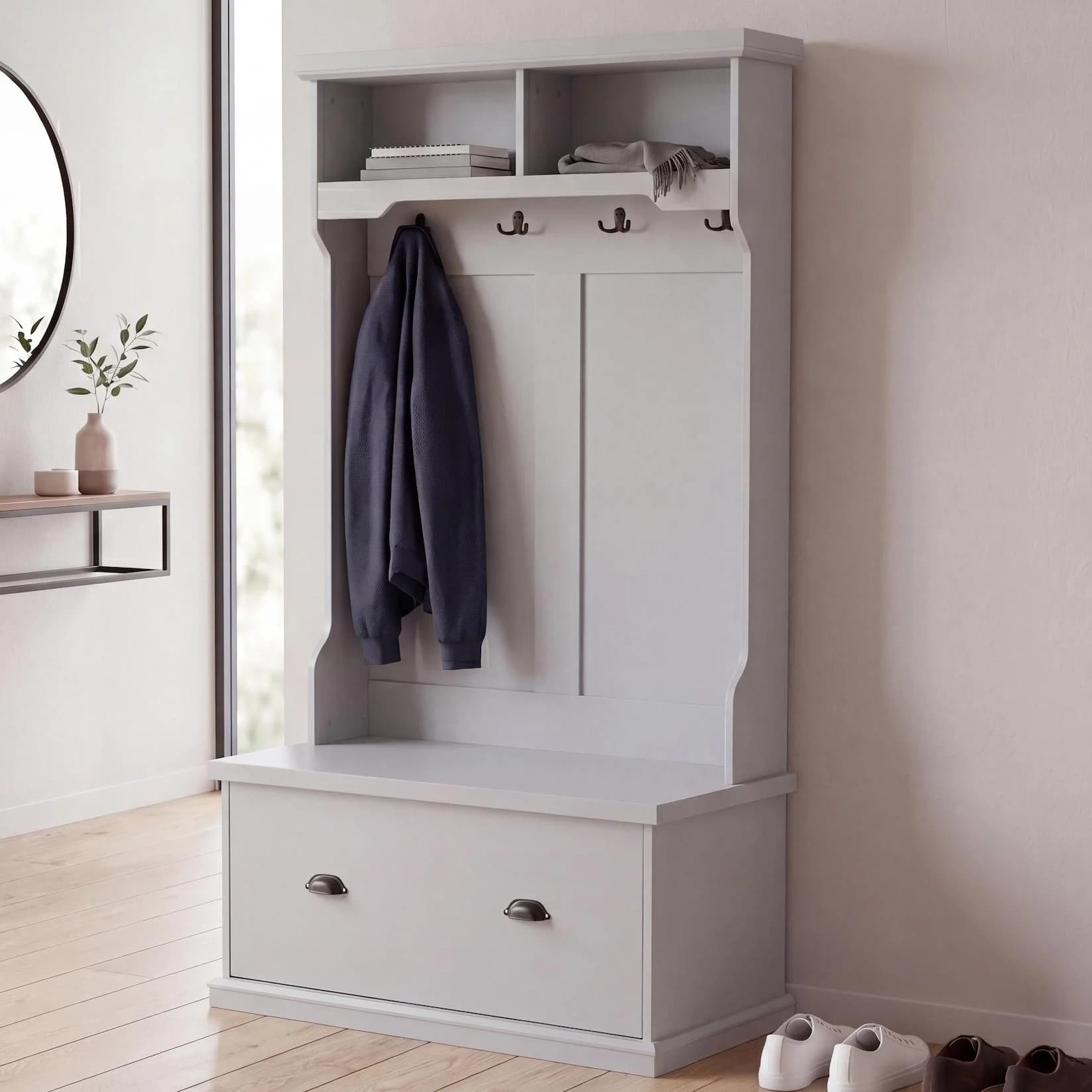 MCW Garderobe MCW-P27 mit Sitzbank und 4 Haken hellgrau