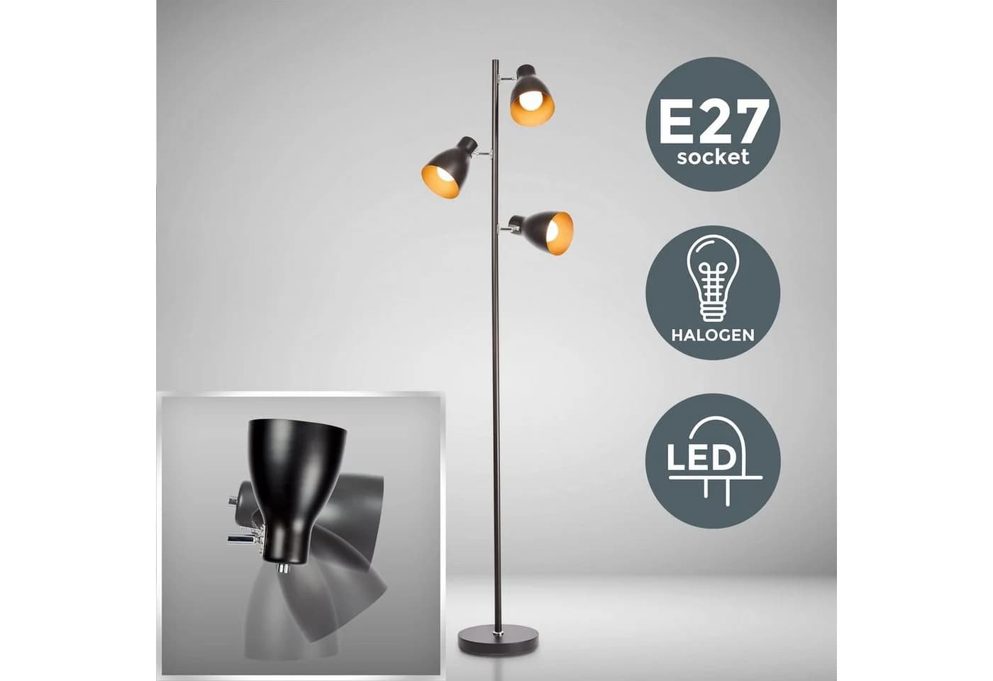 B.K.LICHT Stehlampe 3-flammig Schwarz-Gold Retro Design
