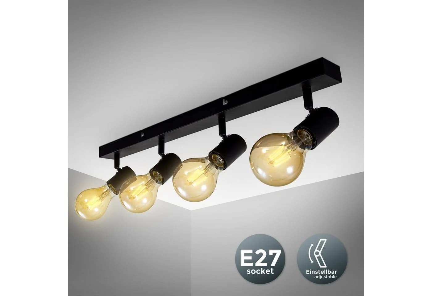 B.K.Licht LED Deckenspots 4-flammig Schwarz Industrie Vintage E27