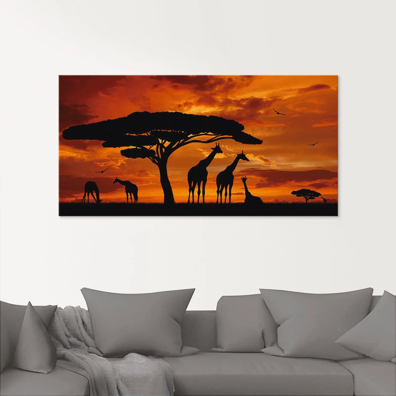 ARTLAND Glasbild Herde von Giraffen im Sonnenuntergang Braun