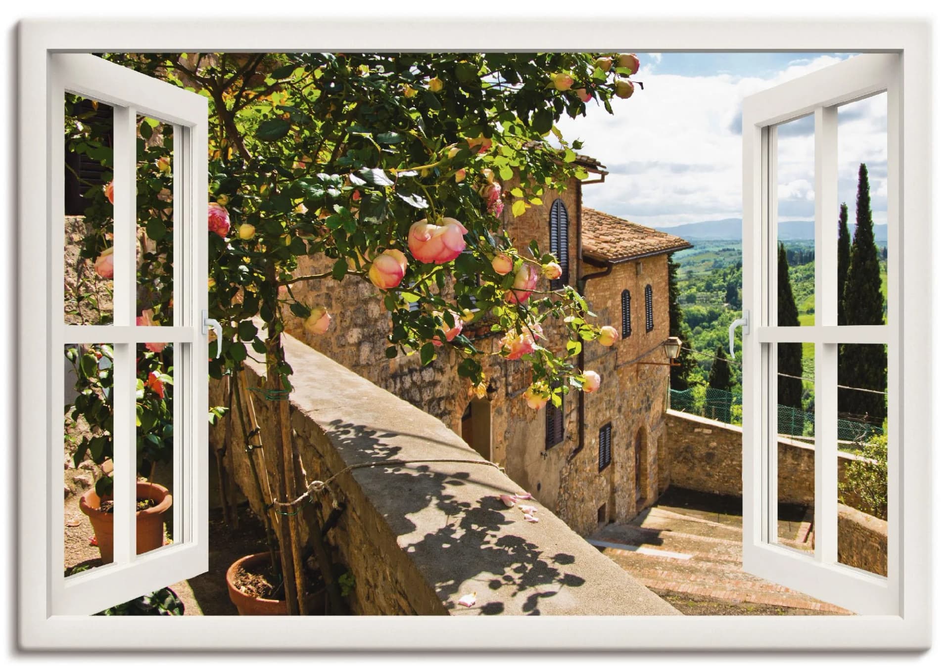 ARTLAND Wandbild Fensterblick Rosen Toskana Leinwandbild 130x90cm