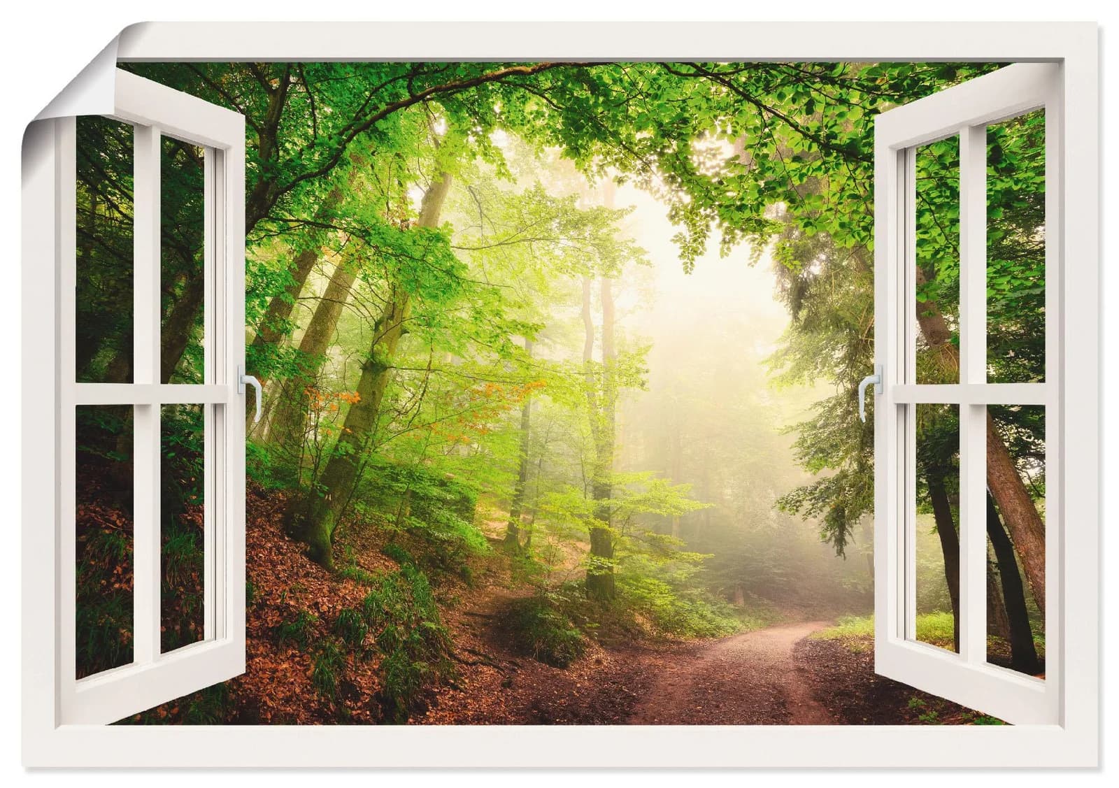 ARTLAND Poster Fensterblick Torbögen durch Bäume Weiß