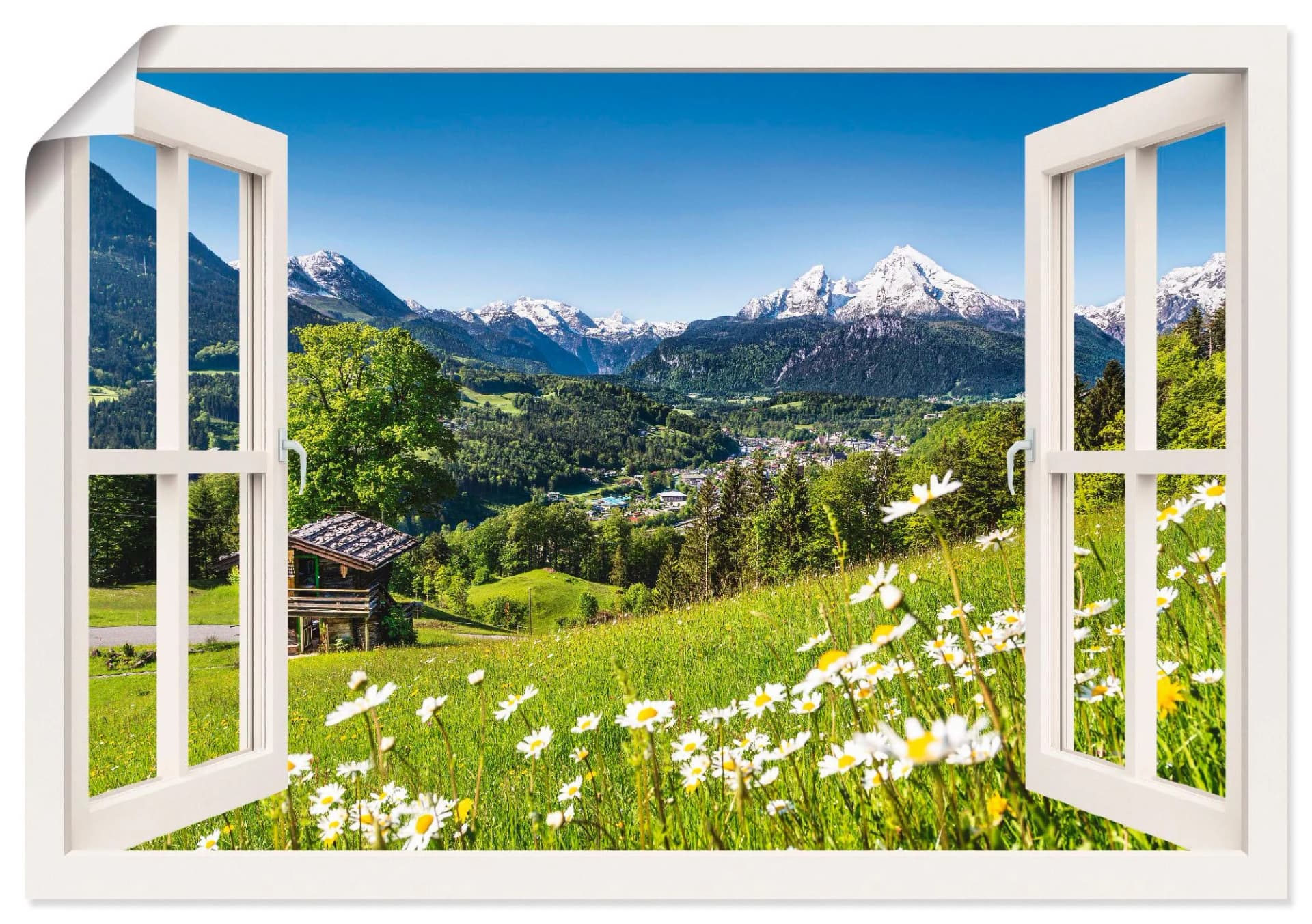 ARTLAND Wandbild Fensterblick Bayerischen Alpen Weiß 70x50 cm