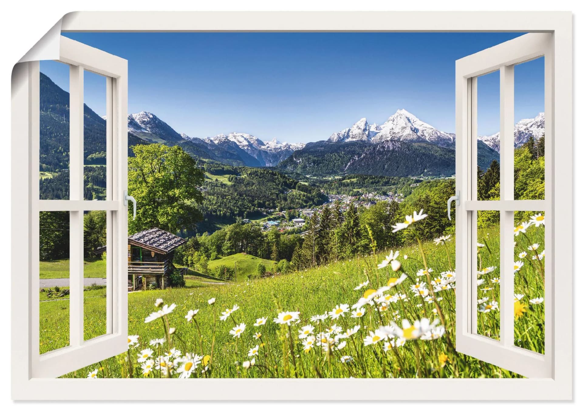 ARTLAND Wandbild Fensterblick Bayerischen Alpen Weiß 100x70 cm