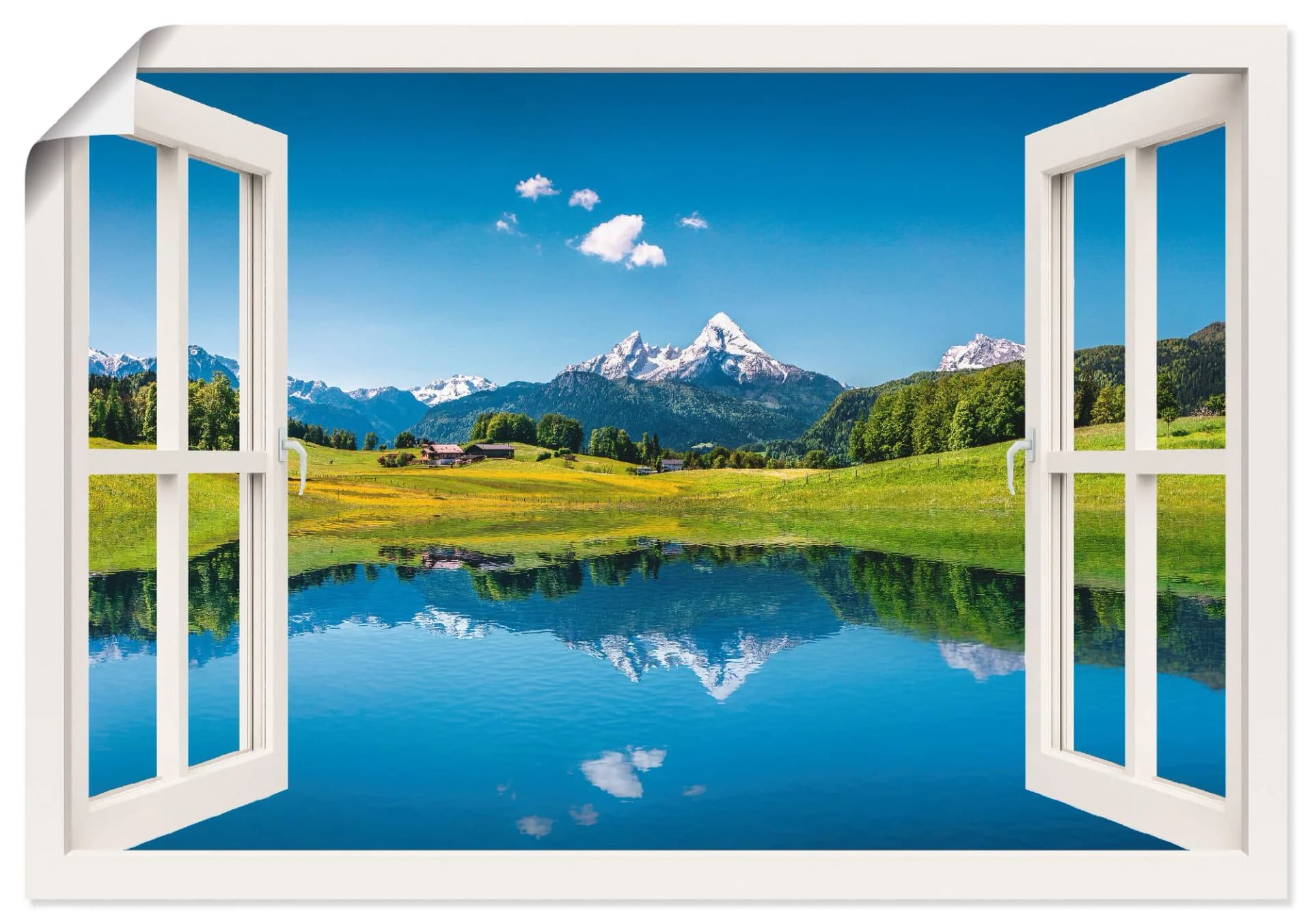 ARTLAND Wandbild Fensterblick Alpen und Bergsee Blau