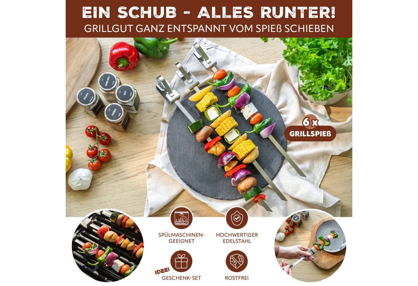 bremermann Grillspieß-Set 6-tlg. Edelstahl mit Schieber & Tasche