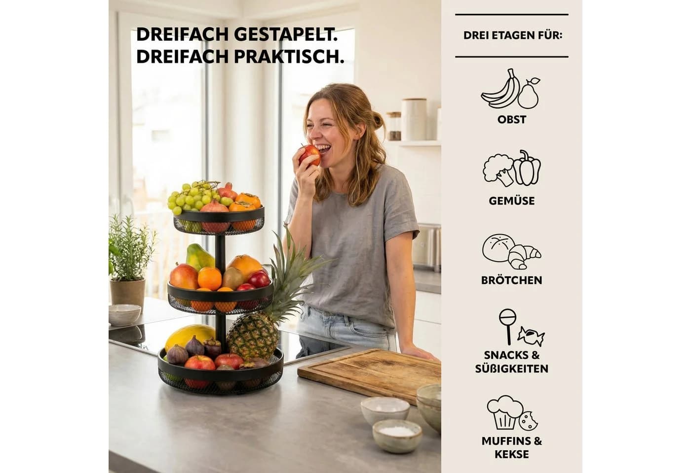 eluno 3-stöckige Obstetagere Schwarz Metall