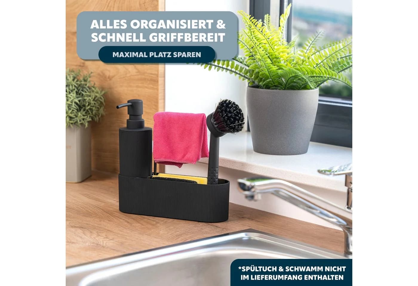 eluno Spülbecken Organizer Schwarz mit Spülmittelspender und Spülbürste