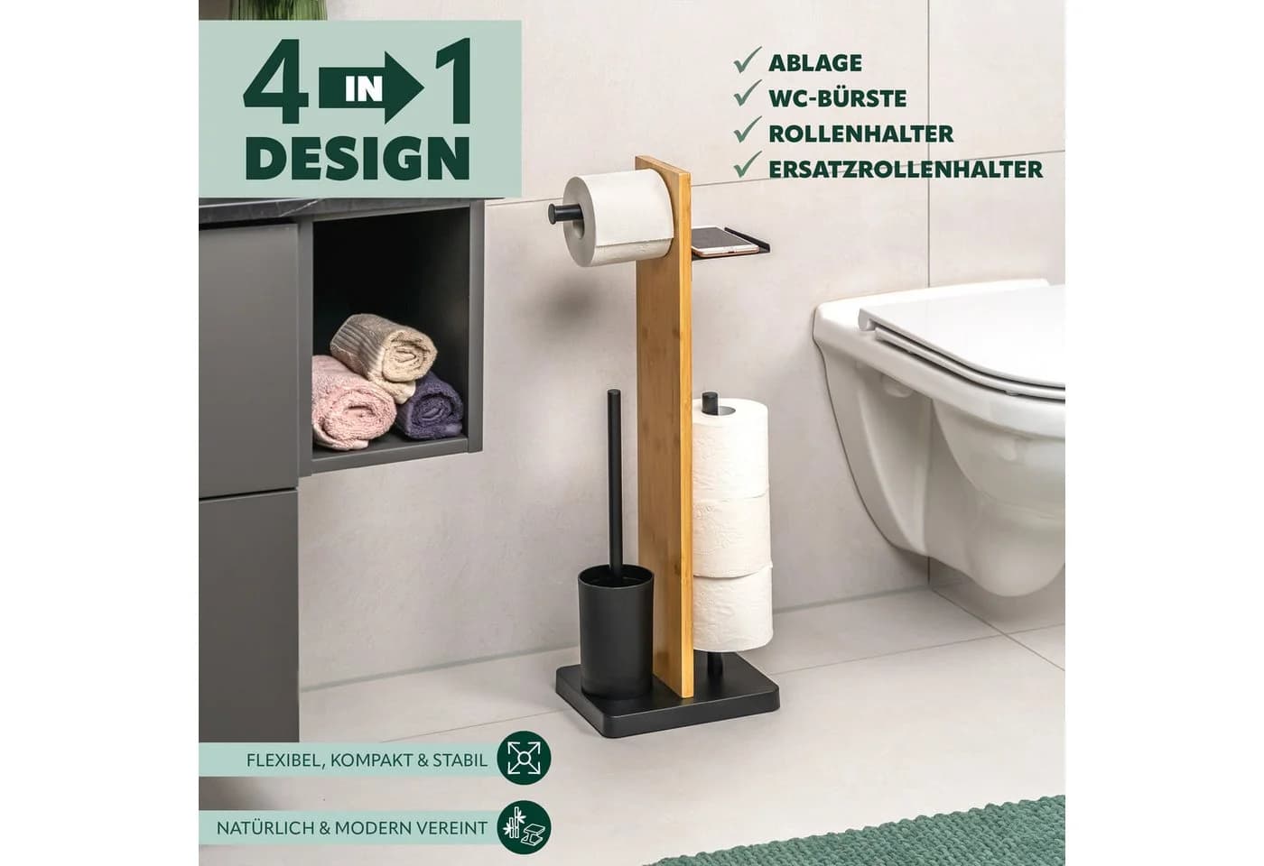 eluno WC-Garnitur Stand-WC-Garnitur 4in1 Schwarz Bambus Metall