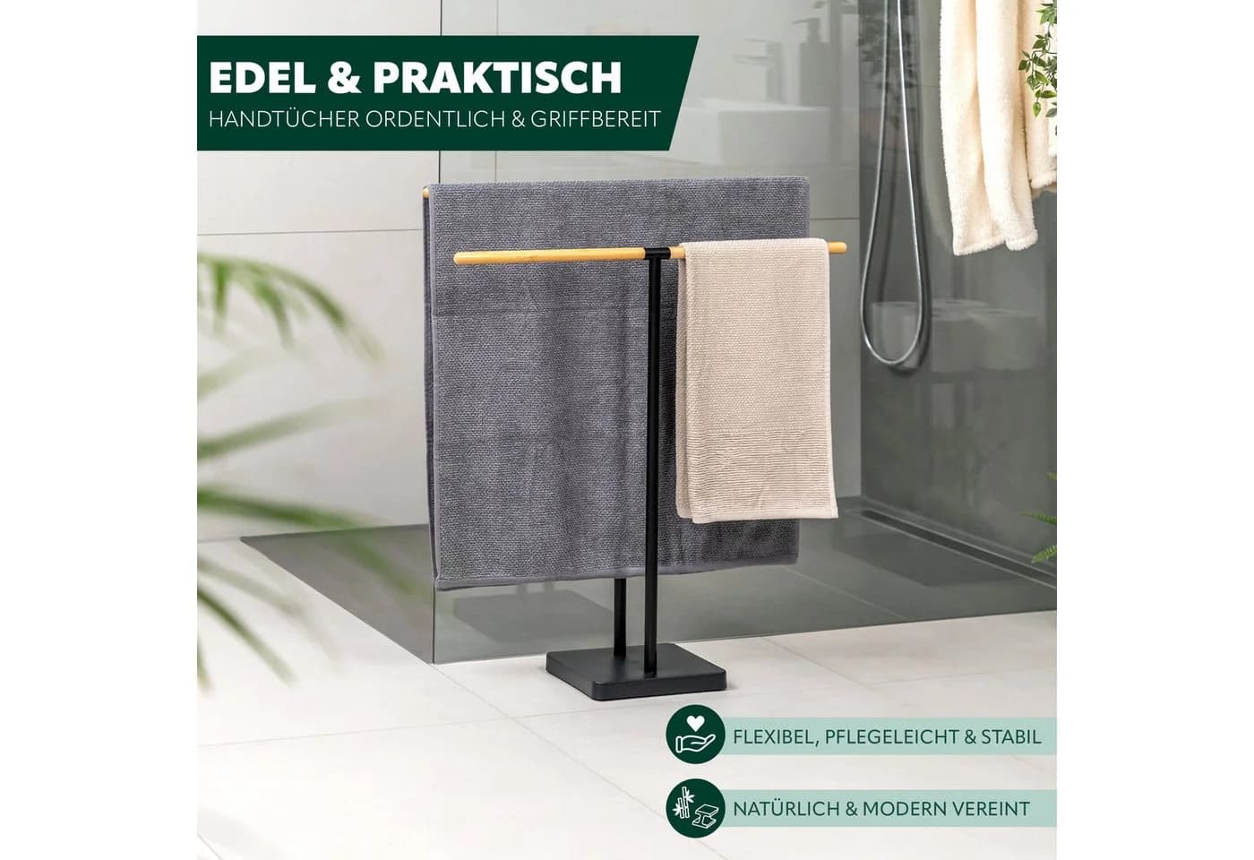eluno Stand-Handtuchhalter Schwarz Bambus Metall Freistehend
