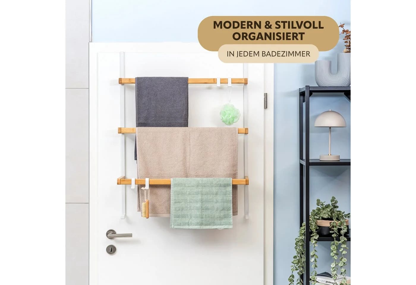eluno Türregal Weiß Metall Bambus 3 Handtuchstangen
