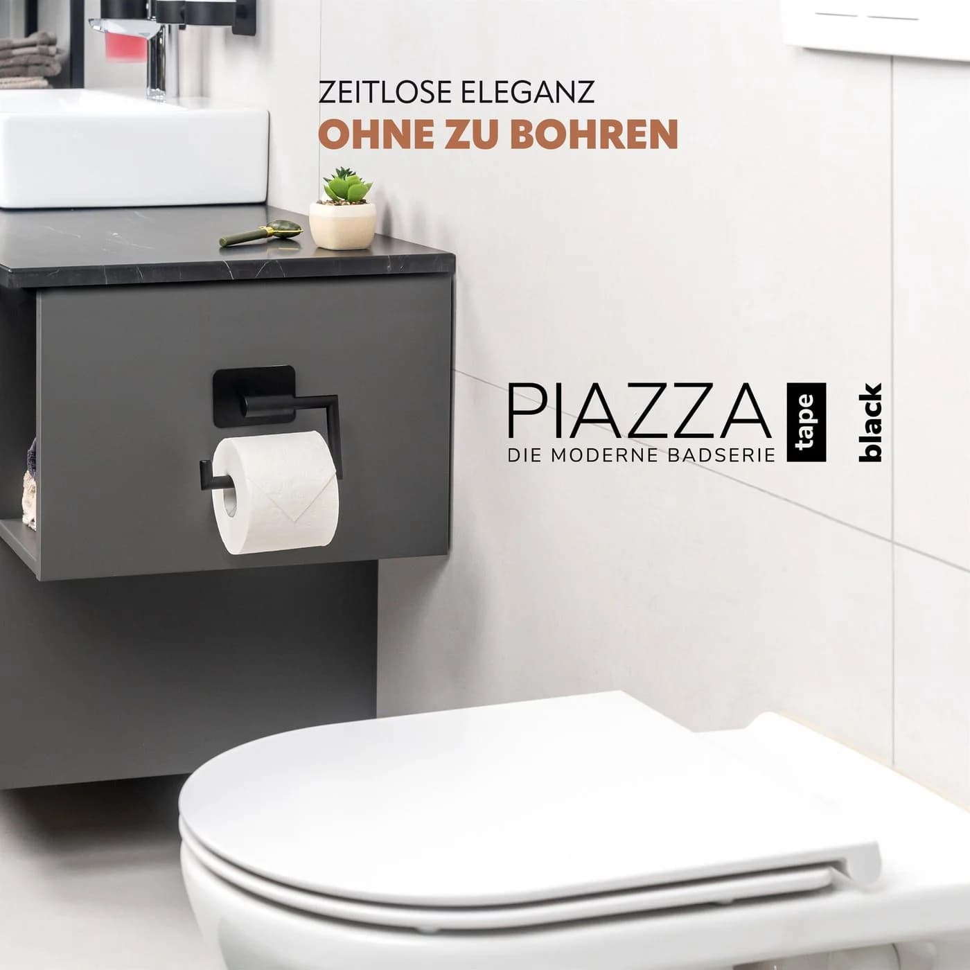 bremermann Toilettenpapierhalter PIAZZA BLACK TAPE mit Klebepad, Schwarz