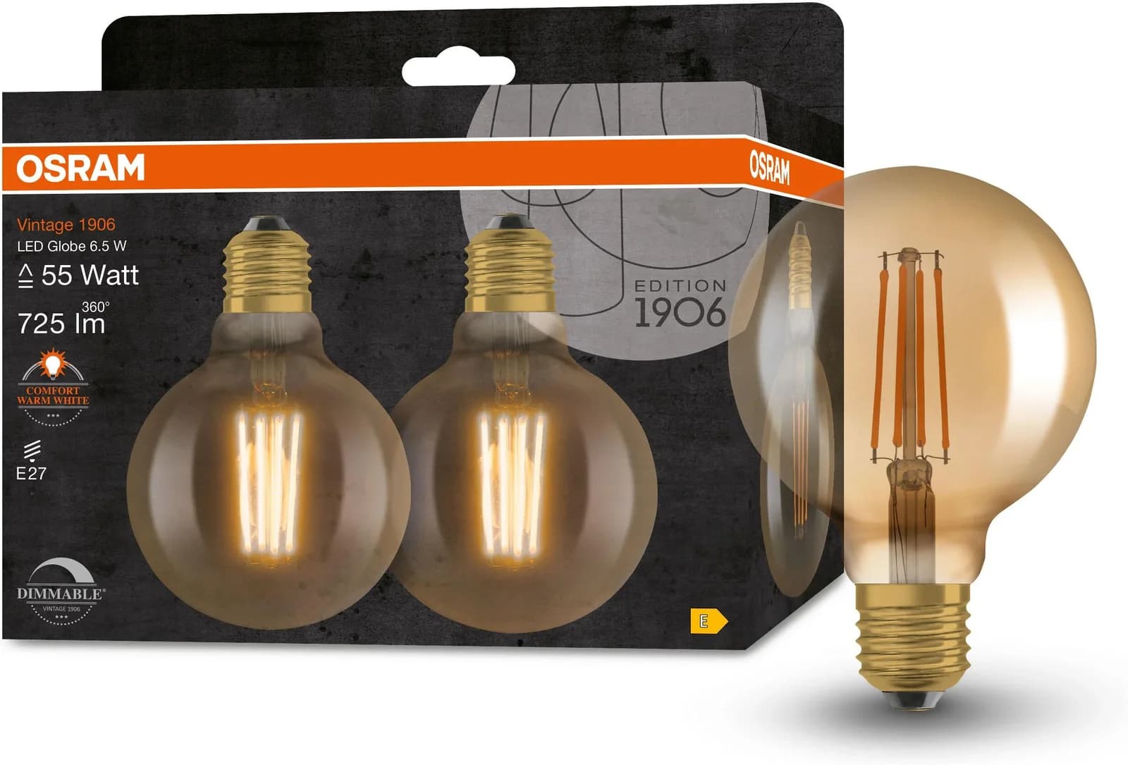 OSRAM 1906 E27 6,5W LED G95 824 gold dim 2er
