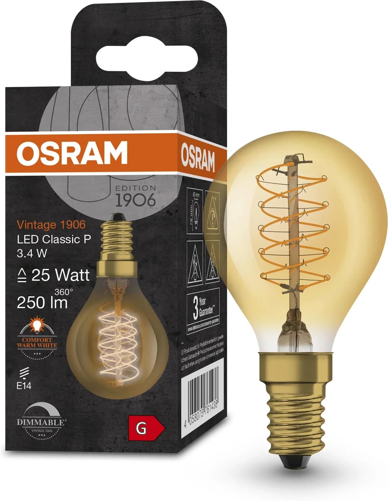 OSRAM 1906 E14 3,4W LED Tropfen 822 gold dim
