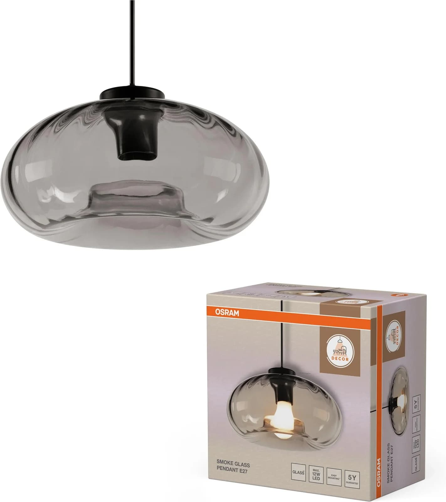 OSRAM Pendelleuchte Decor Smoke Glass Schwarz Grau E27