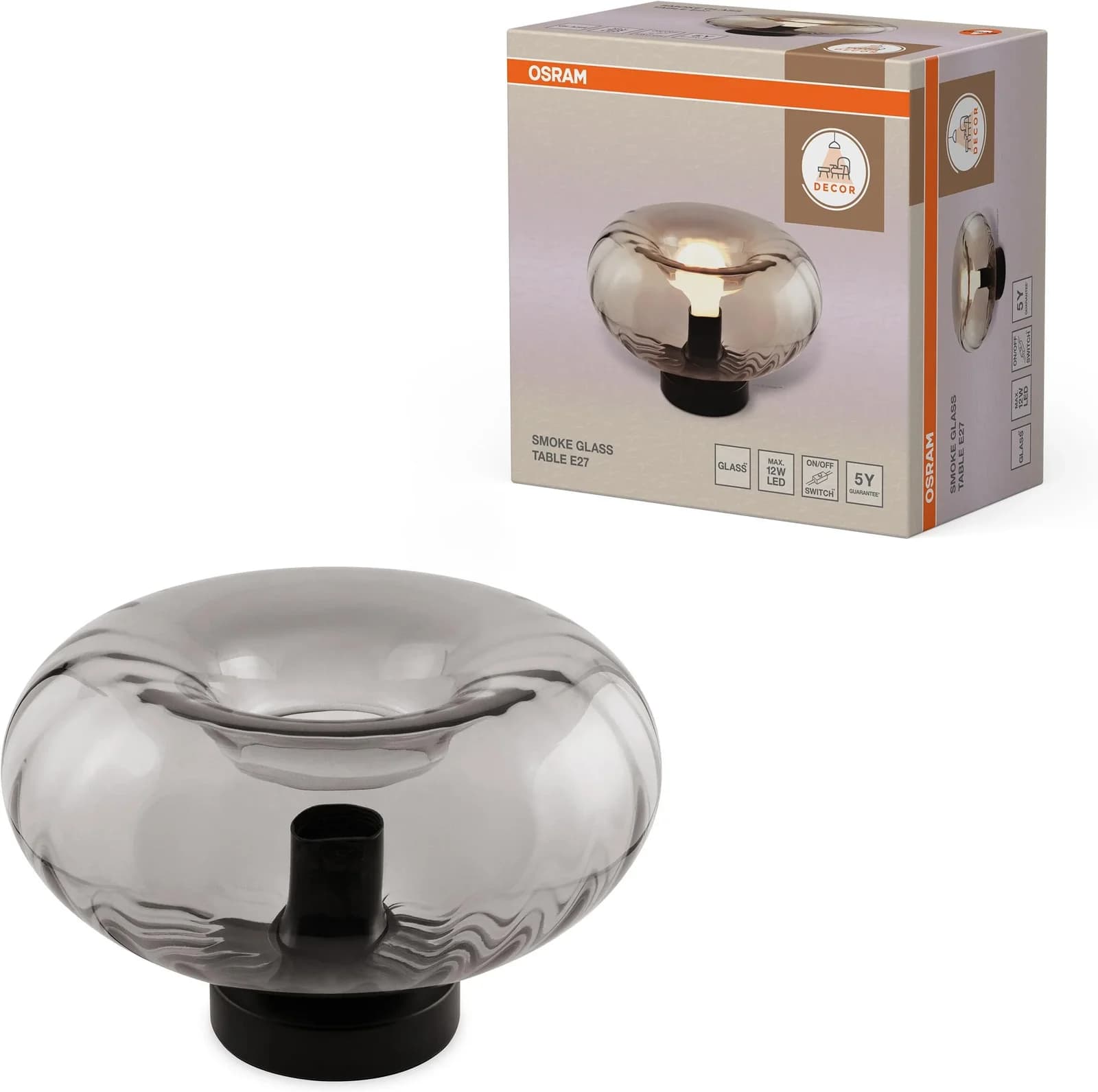 OSRAM Tischleuchte Decor Smoke Glass Schwarz E27 Stahl Glas