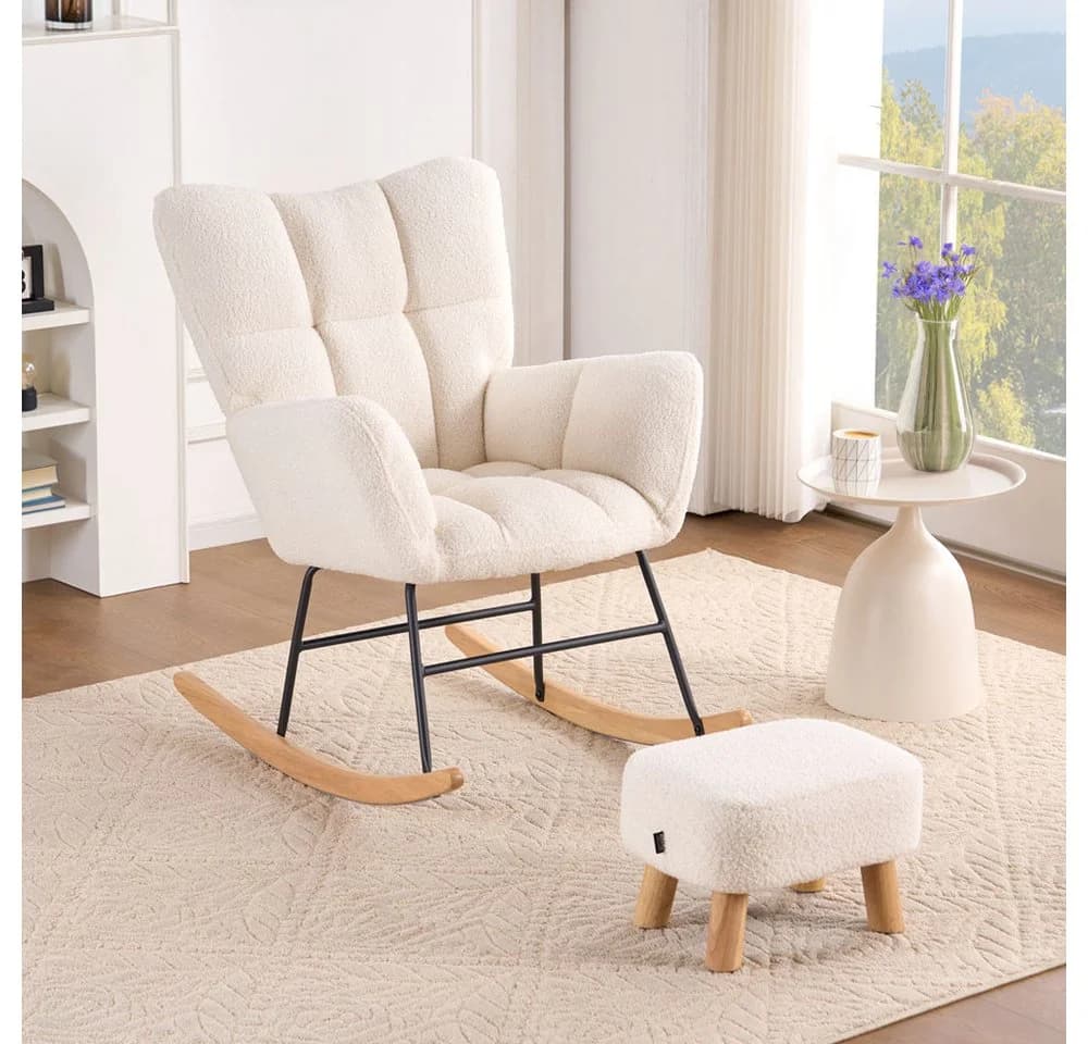 HOME DELUXE Schaukelstuhl NARA inkl. Hocker - Bouclé Weiß
