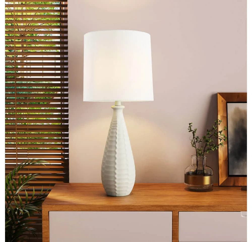 HOME DELUXE Tischleuchte MELVA Weiß Stoffschirm Kunststein