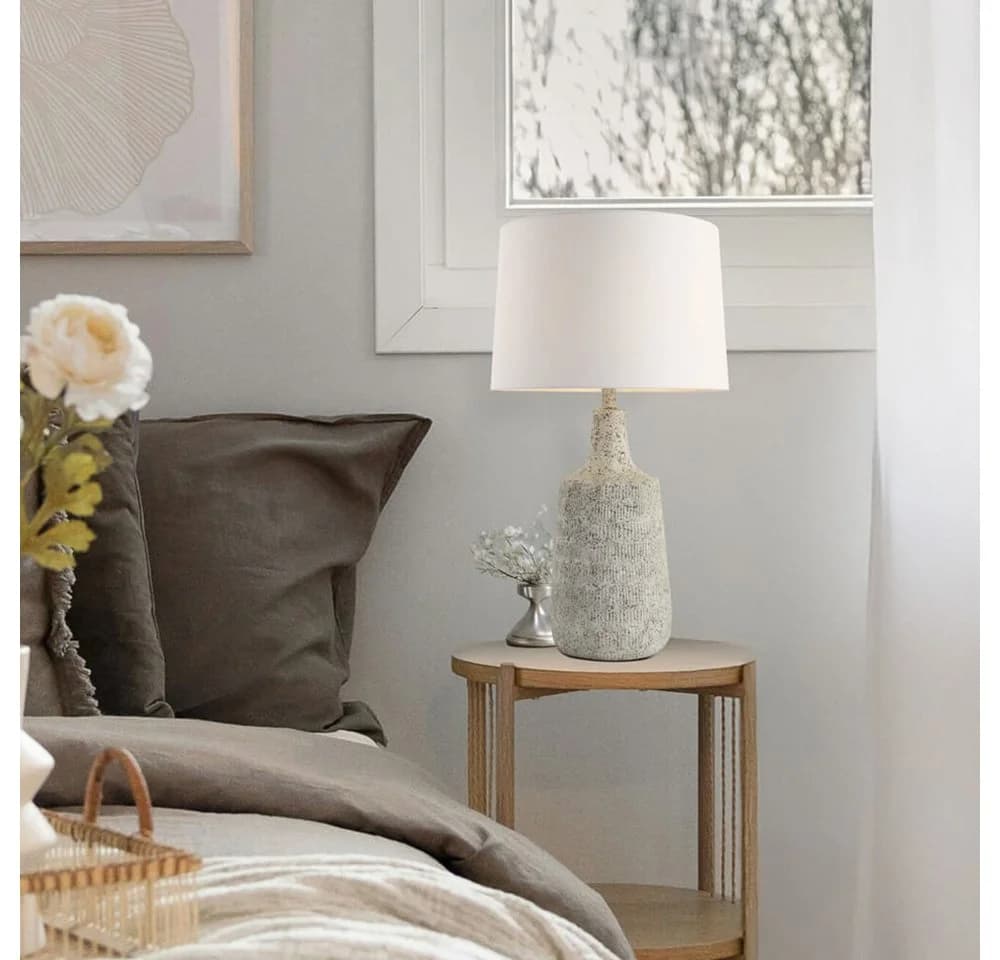 HOME DELUXE Tischleuchte CARO Steinoptik Weißer Stoffschirm