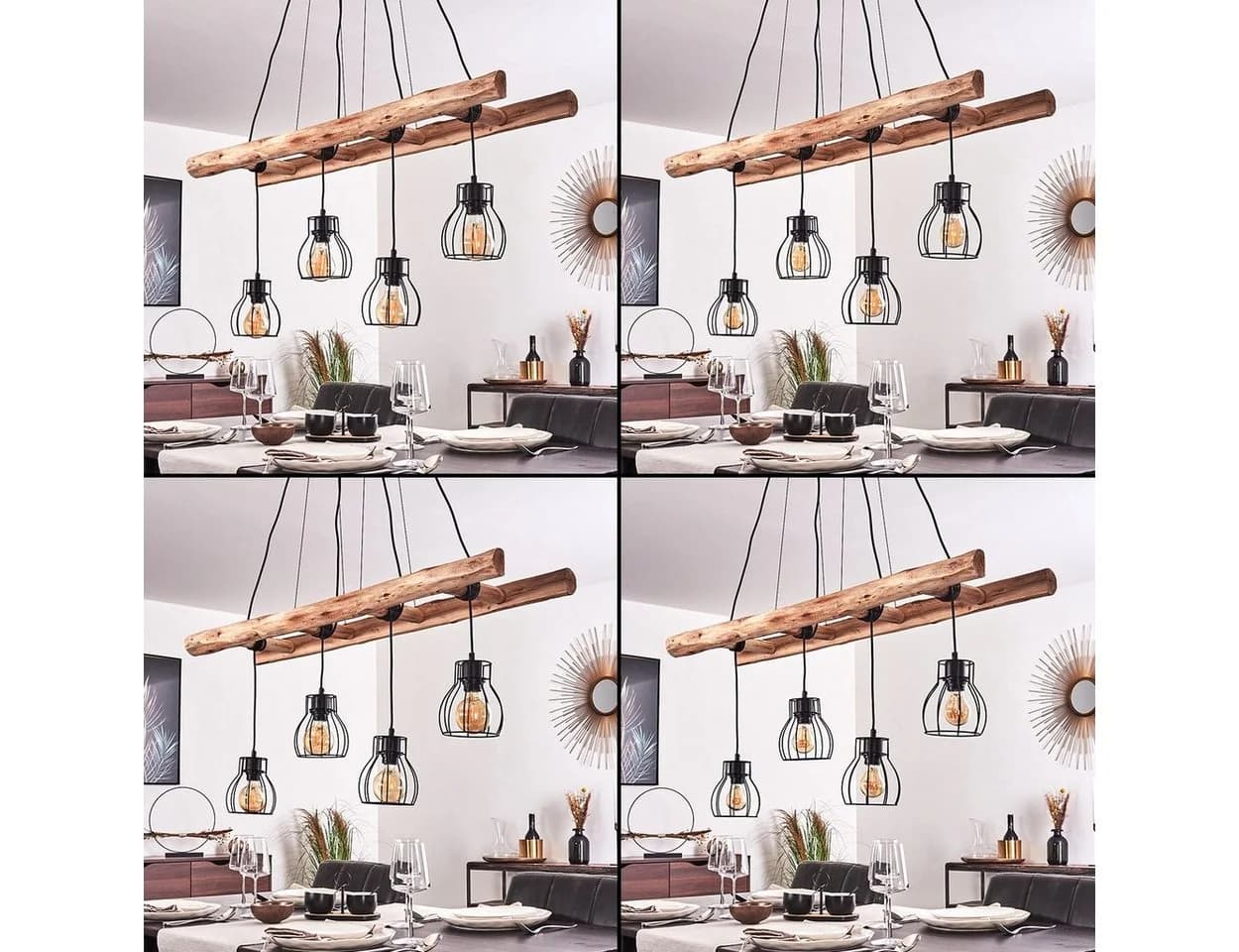 hofstein Pendelleuchte Aprica längliche Hängeleuchte Schwarz/Holz 4xE27